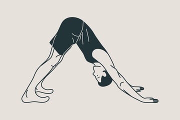 Man doing Yoga, Pilates icon. Slim person. Hand drawn black outline Vector illustration. Downward facing dog pose. Health care and lifestyle concept. 