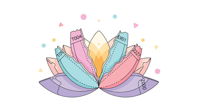 Vibrant lotus flower design with pastel petals and playful geometric accents for a modern calming and spiritual brand aesthetic, Generative AI. - Powered by Adobe