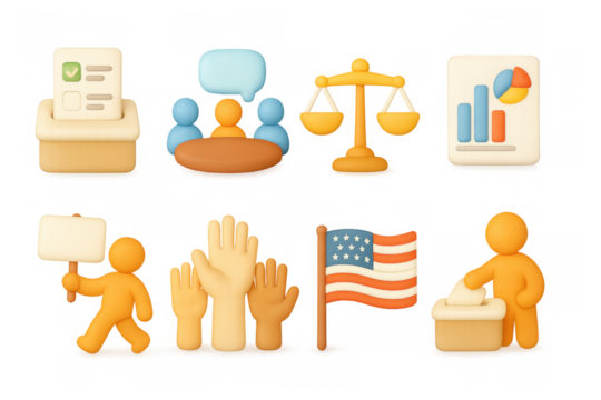 Election and democracy 3d icons: ballots, discussions, voting, and justice symbols