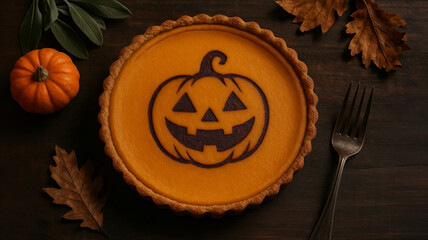 ハロウィン かぼちゃタルト ジャックオランタンデザイン/Halloween Pumpkin Tart with Jack-o’-Lantern Design Generative AI
