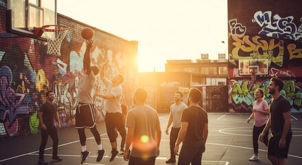 A group of diverse friends playing basketball on an urban court with graffiti walls during a sunny evening.