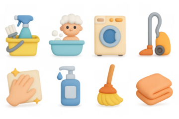 Cute 3d cartoon cleaning and bathing icons set with home essentials