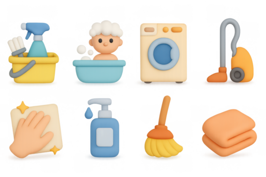 Cute 3d cartoon cleaning and bathing icons set with home essentials - Powered by Adobe