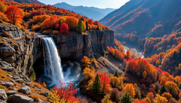 large waterfall cascading down a vibrant autumn valley, trees with red and orange foliage covering the mountains, mist rising from the waterfall