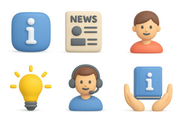 Colorful 3d icon set featuring information, news, and communication elements