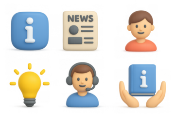 Colorful 3d icon set featuring information, news, and communication elements