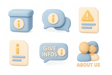 3d info icons set for website: about us, alert, chat, notification, document