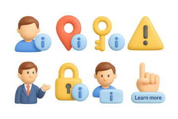 3d business icons set with information, security, and alert symbols