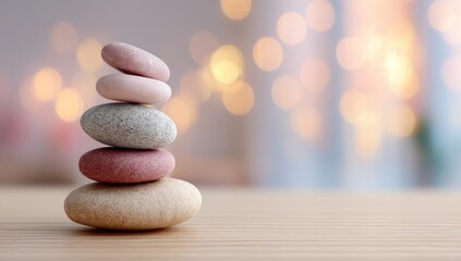 Balanced Stones on a Wooden Surface with Soft Background.