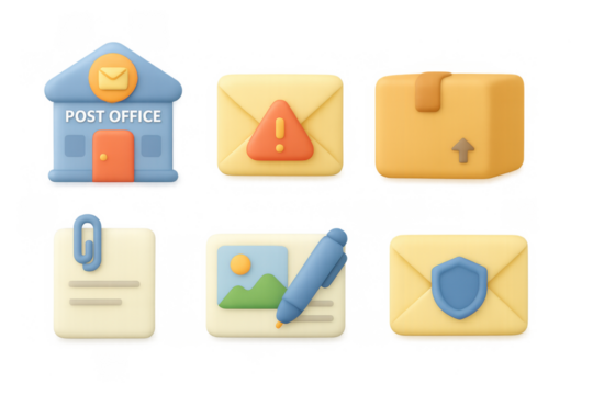 3d icons for postal and communication services with mail safety and delivery alerts
