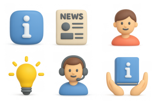 Colorful 3d icon set featuring information, news, and communication elements