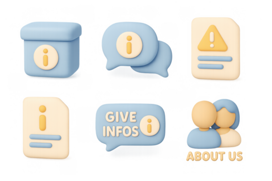 3d info icons set for website: about us, alert, chat, notification, document