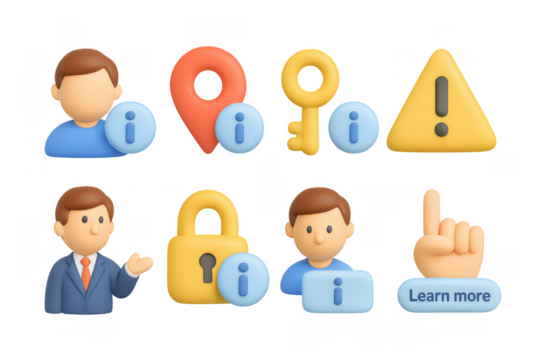 3d business icons set with information, security, and alert symbols