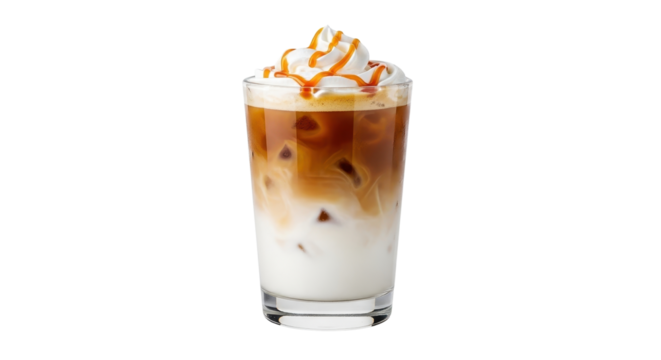 Iced latte coffee with whipped cream and caramel drizzle isolated PNG with Transparent Background - Powered by Adobe