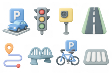 3d icons of parking, traffic lights, roads, and urban transport elements