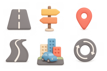 Colorful 3d navigation icons set featuring roads and city elements