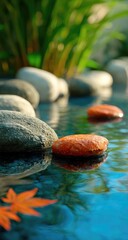 Tranquil Water Feature with Stones and Leaves.