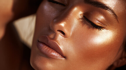 Glowing skin close up with natural makeup and smooth texture, highlighting healthy and radiant facial features