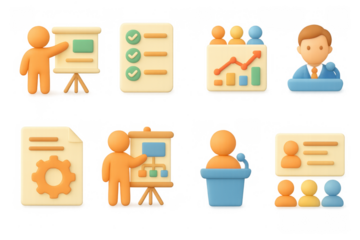 3d business icons set: presentation, analysis, collaboration, and management