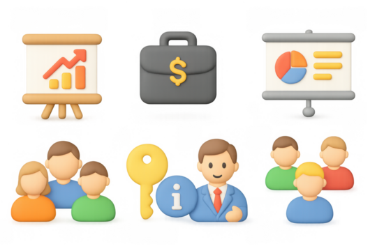 Business icons featuring 3d graph, briefcase, group, and key figures in flat style
