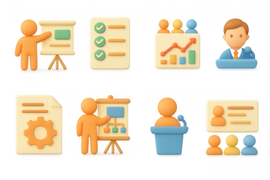 3d business icons set: presentation, analysis, collaboration, and management