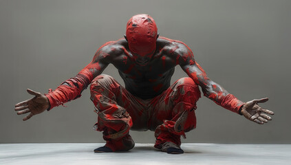 Hyperrealistic performer crouches with arms open, body streaked in red pigment and wraps, expressing raw energy, ritual emotion, power, and intensity.