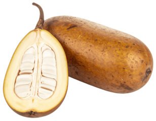 Fresh baobab fruits on white surface isolated on white background. Suitable for marketing or business purposes. Panoramic banner with place for text. PNG file