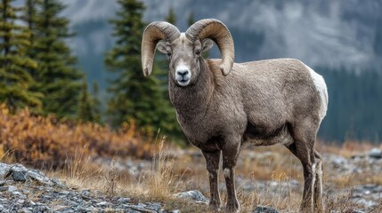 Obraz premium Majestic Big Horn Sheep Grazing on Rocky Mountains in Jasper National Park Landscape
