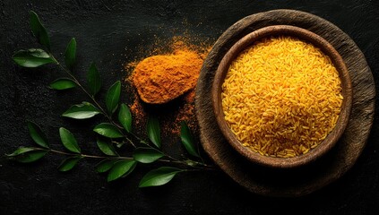 Golden Rice in Wooden Bowl on Dark Background.