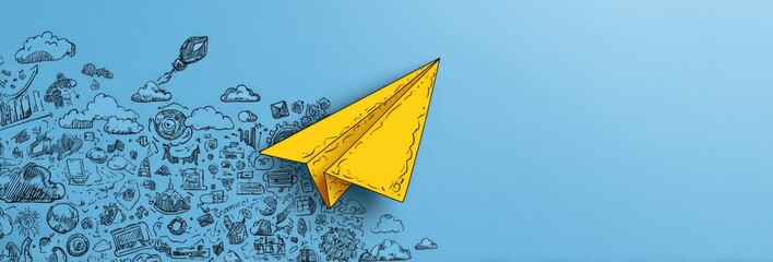 Abstract Paper Airplane on Blue Background with Doodle Elements.
