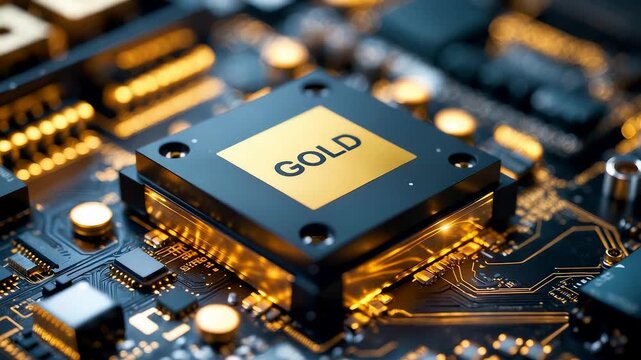 Golden microchip on electronic motherboard with glowing circuits showing advanced processor technology and high performance computer hardware