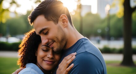 A loving interracial couple shares a tender embrace in a sunlit park during the golden hour.