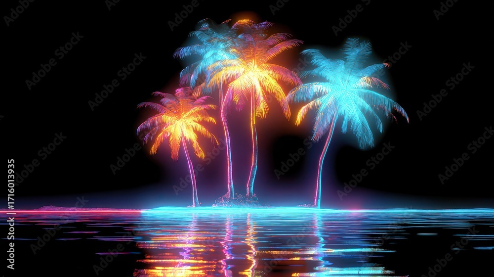 Wall mural tropical oasis: neon-illuminated silhouettes of palm trees against a vibrant abstract backdrop