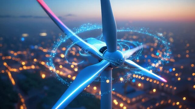 Large wind turbine with glowing digital energy effects spinning above illuminated cityscape at dusk showing renewable sustainable power source - Powered by Adobe