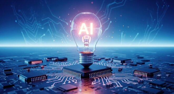 Glowing ai light bulb on digital circuit background symbolizing innovation