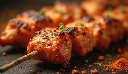 Close-up of delicious, grilled chicken skewers.