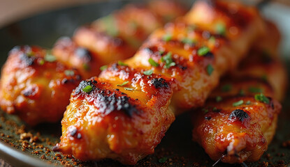 Close-up of delicious glazed chicken skewers.
