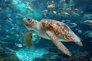 Obraz premium Majestic Green Turtle Swimming in a Vibrant Aquarium Surrounded by Schools of Fish