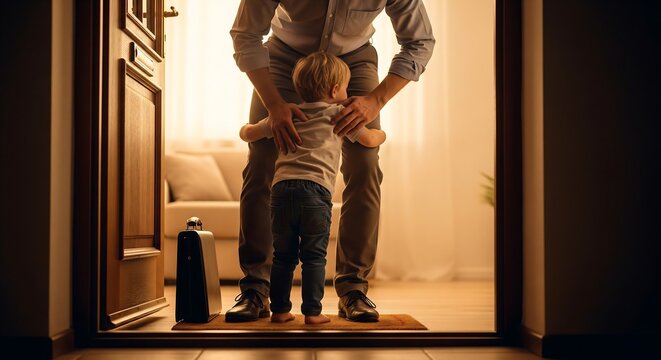 Father coming home from work is greeted by his toddler with a loving hug in the doorway of their house. - Powered by Adobe