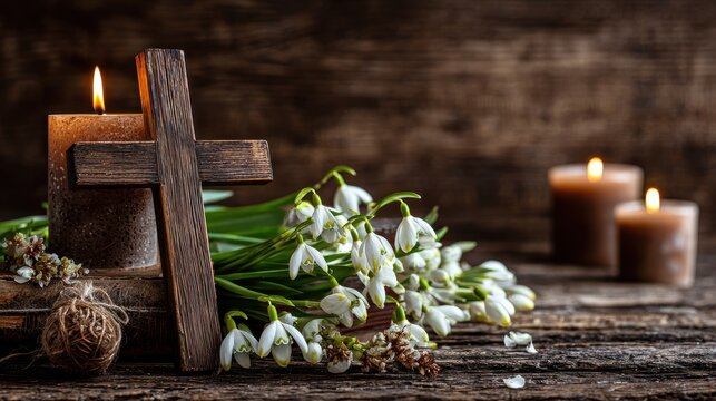 Wooden Cross and Candles Surrounded by Snowdrops: A Serene Symbol of Faith and Reflection for Easter and Religious Celebrations