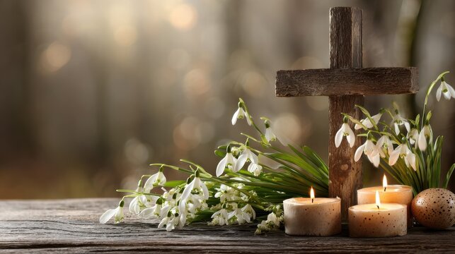 Wooden Cross with Candles and Snowdrops: A Peaceful Symbol of Faith for Church Holidays and Easter Celebrations - Powered by Adobe