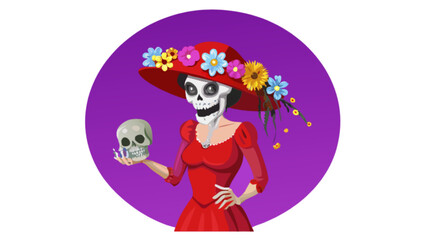 Day of the dead woman with skull and flowers illustration for dia de los muertos