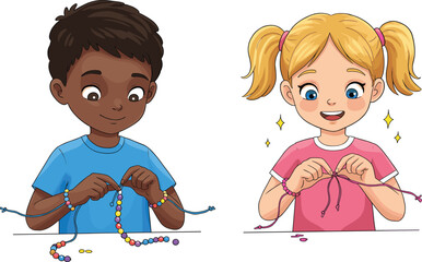 Children making bead bracelets, craft activity, colorful beads, fine motor skills, creative play, happy kids, educational fun, DIY jewelry, concentration, teamwork