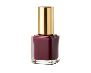 Luxury nail polish bottle with metallic gold cap, deep burgundy shade, isolated on pure white background
