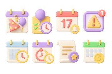 Colorful 3d calendar icons with notifications and party elements for organizing events