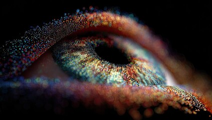 Close up of a colorful eye, detailed and vibrant.