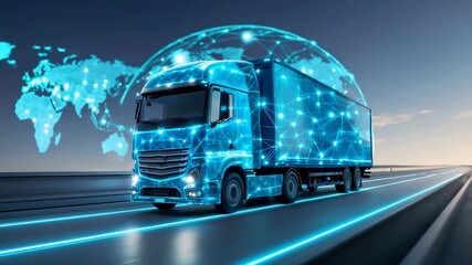 Digital glowing freight truck driving on highway with global network connections and holographic world map showing smart logistics concept - Powered by Adobe