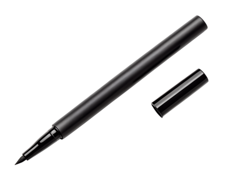 Eyeliner pen in sleek matte black design, minimalistic composition, white background.