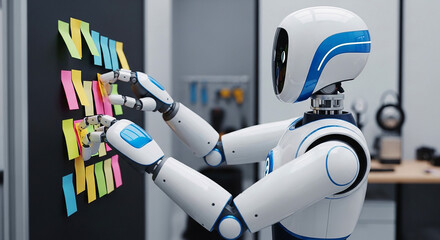 Robot organizing sticky notes on a wall, concept of artificial intelligence