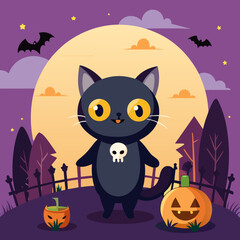 Cute black cat with pumpkins and bats on halloween night